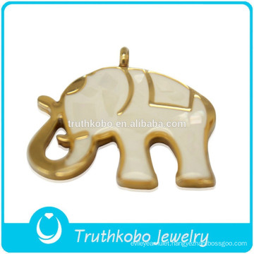 2014 High quality fashion shiny polishing cute animal stainless steel big elephant pendant with white enamel and Broken shells